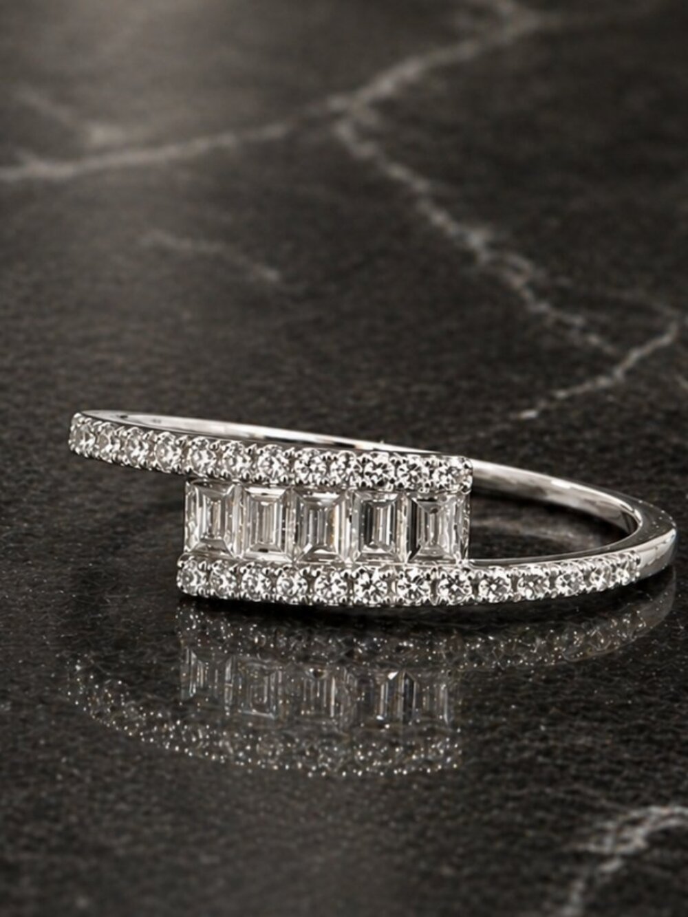 EF Collection 14K White Gold 5 Baguette Diamond Bypass Ring Pavé Size 8 0.23ct